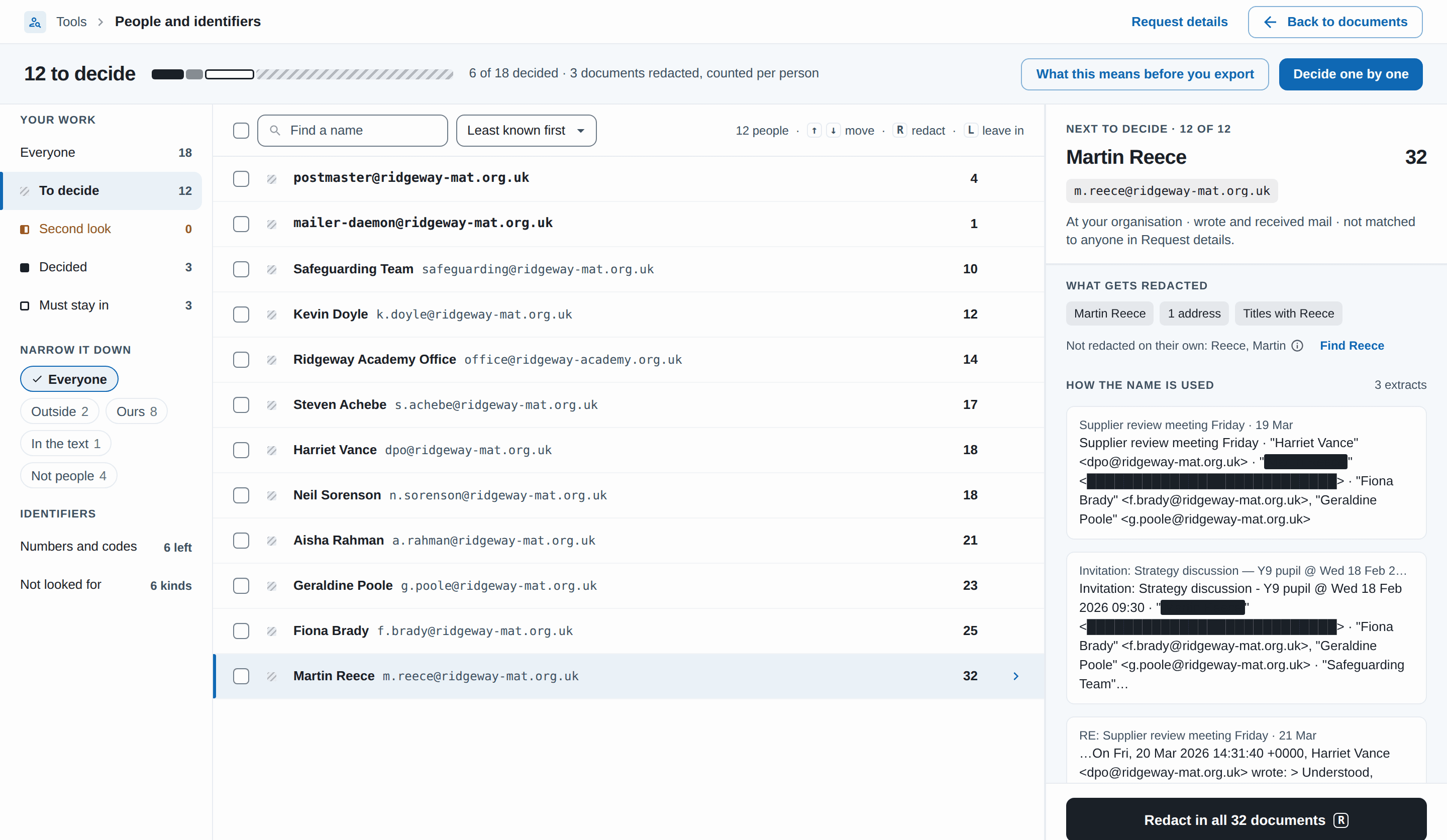 People and identifiers in RedactBox, listing the people found in a project with the next person to decide open on the right