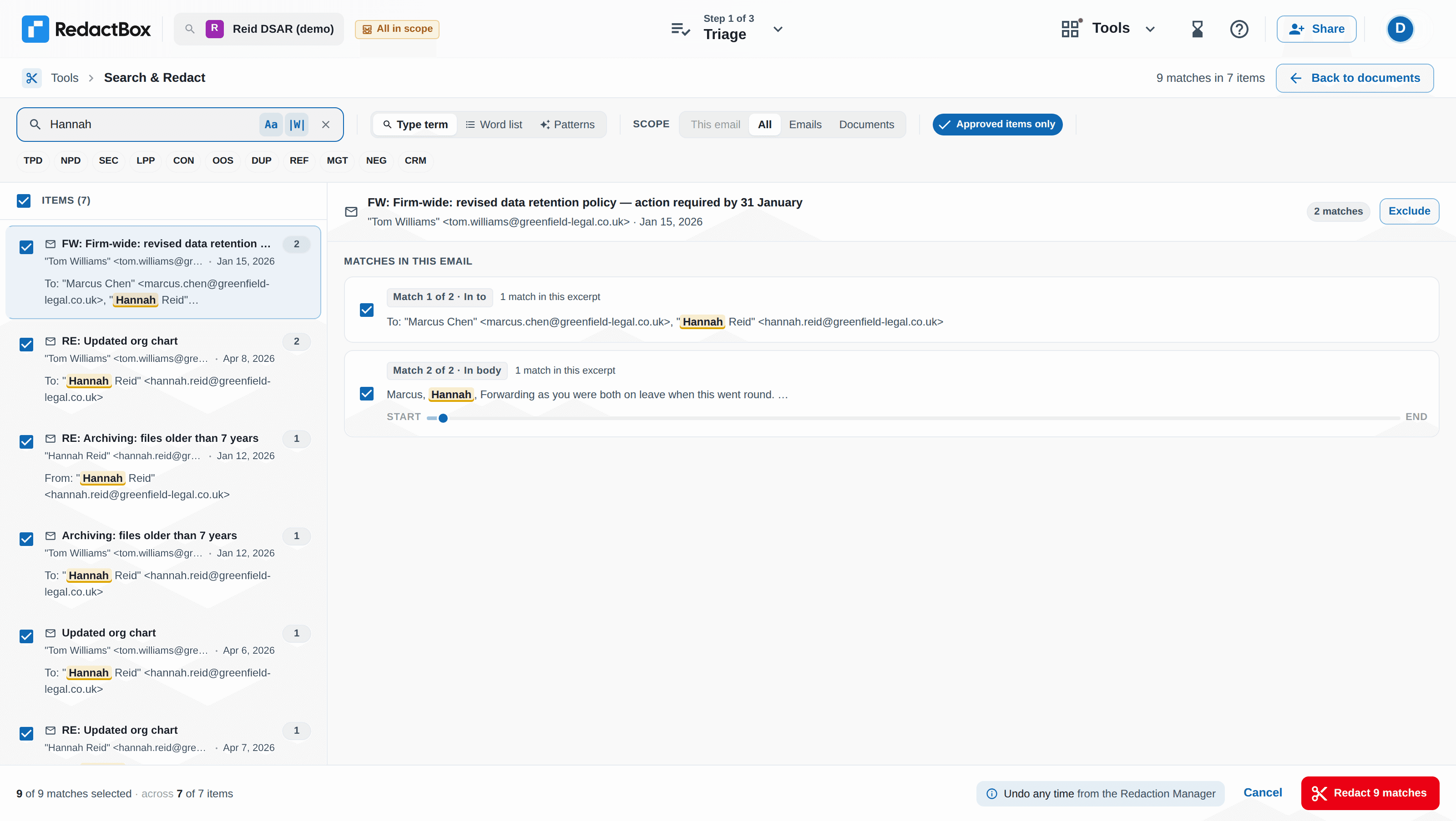 Search and redact in RedactBox: a search for a name across a project, with every match shown in context before redacting