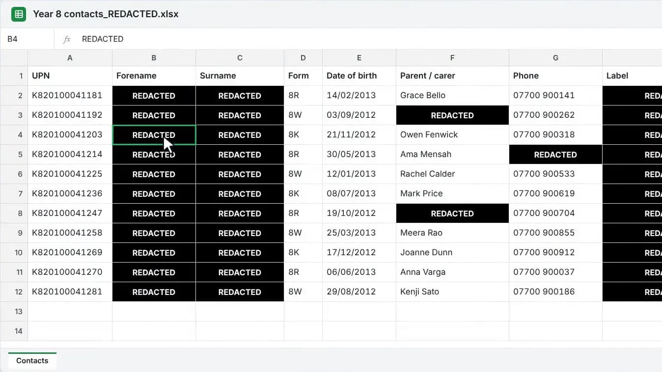 An exported spreadsheet, Year 8 contacts_REDACTED.xlsx, with forenames, surnames and some parent and phone cells reading REDACTED on black